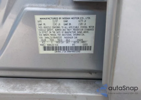 2008 Nissan Altima 2.5 S из США, поврежденный, VIN 1N4AL21E38N460100